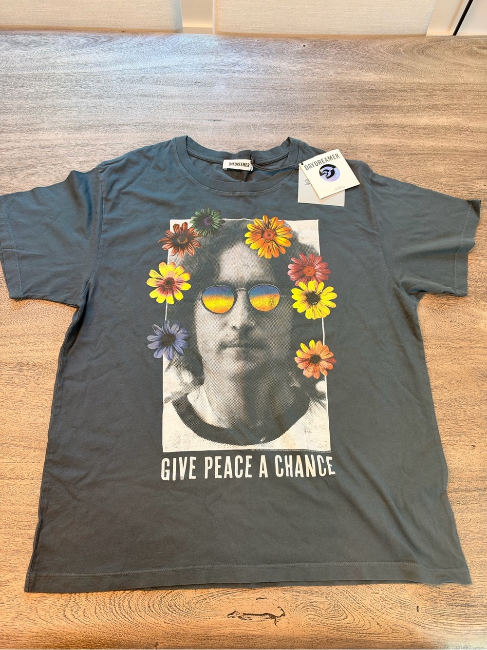 Daydreamer John Lennon Graphic Tee in Charcoal with Multicolor Floral Accents